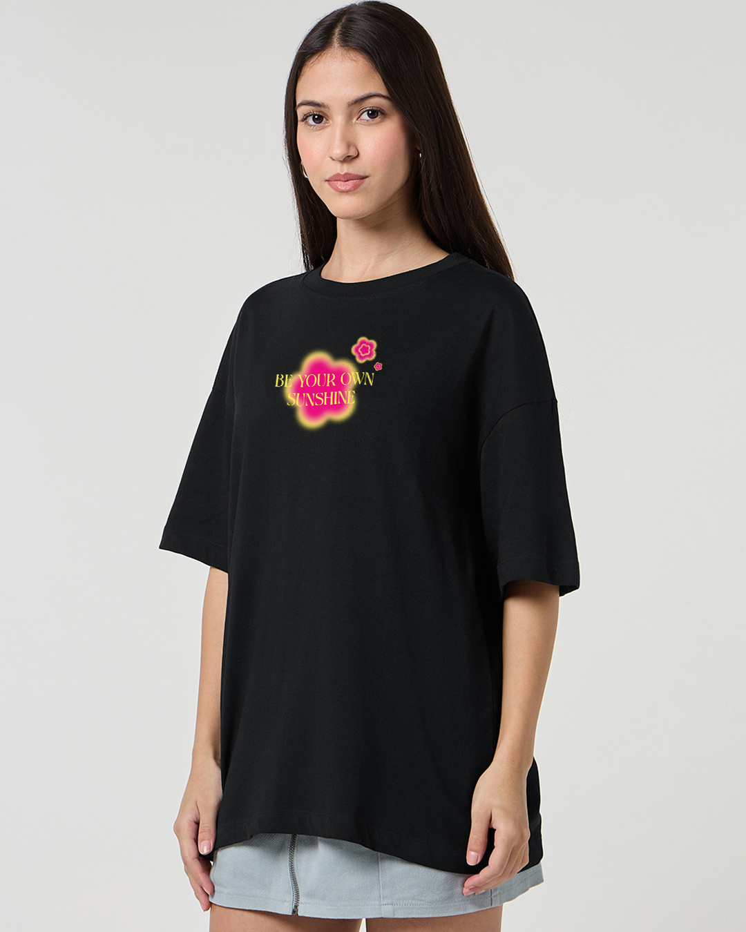 Shop Women's Black Sunshine Graphic Printed Oversized T-shirt-Back