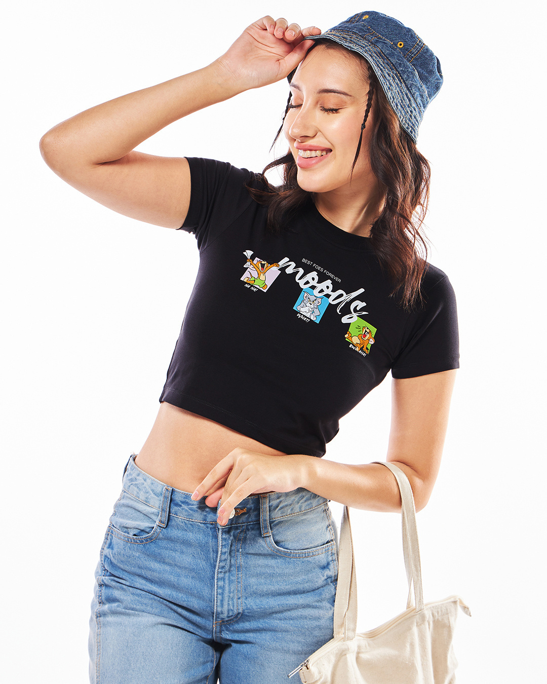 Shop Women's Black T&J Moods Graphic Printed Slim Fit Short Top-Back