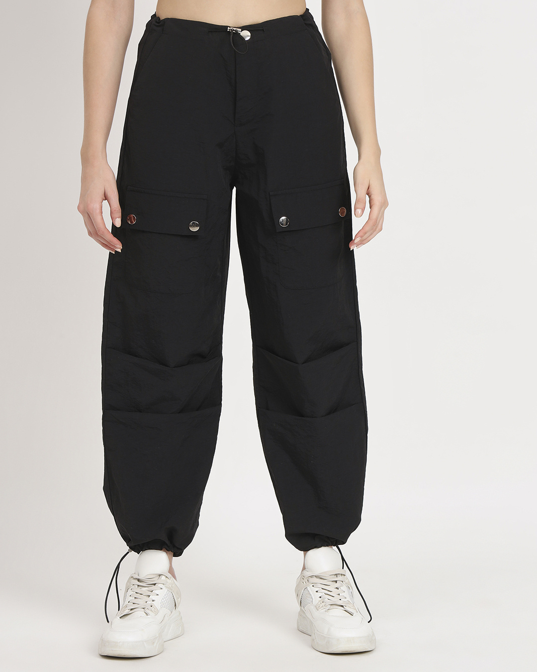 Buy Women's Black Tapered Fit Cargo Parachute Pants Online at Bewakoof