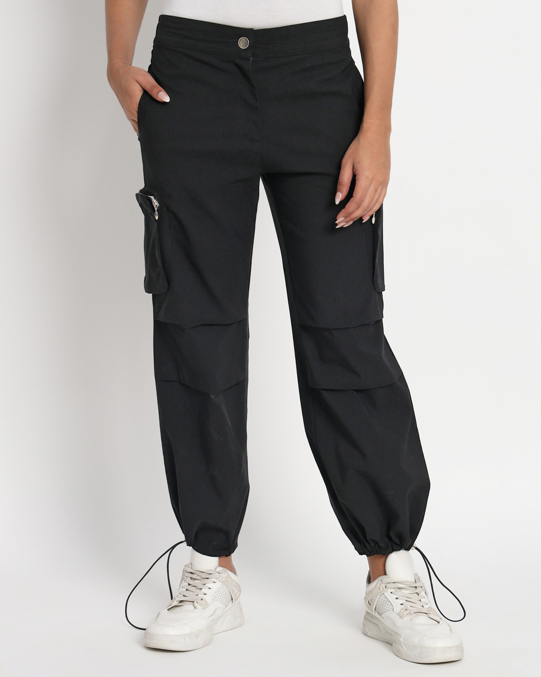 Shop Women's Black Tapered Fit Cargo Parachute Pants-Back