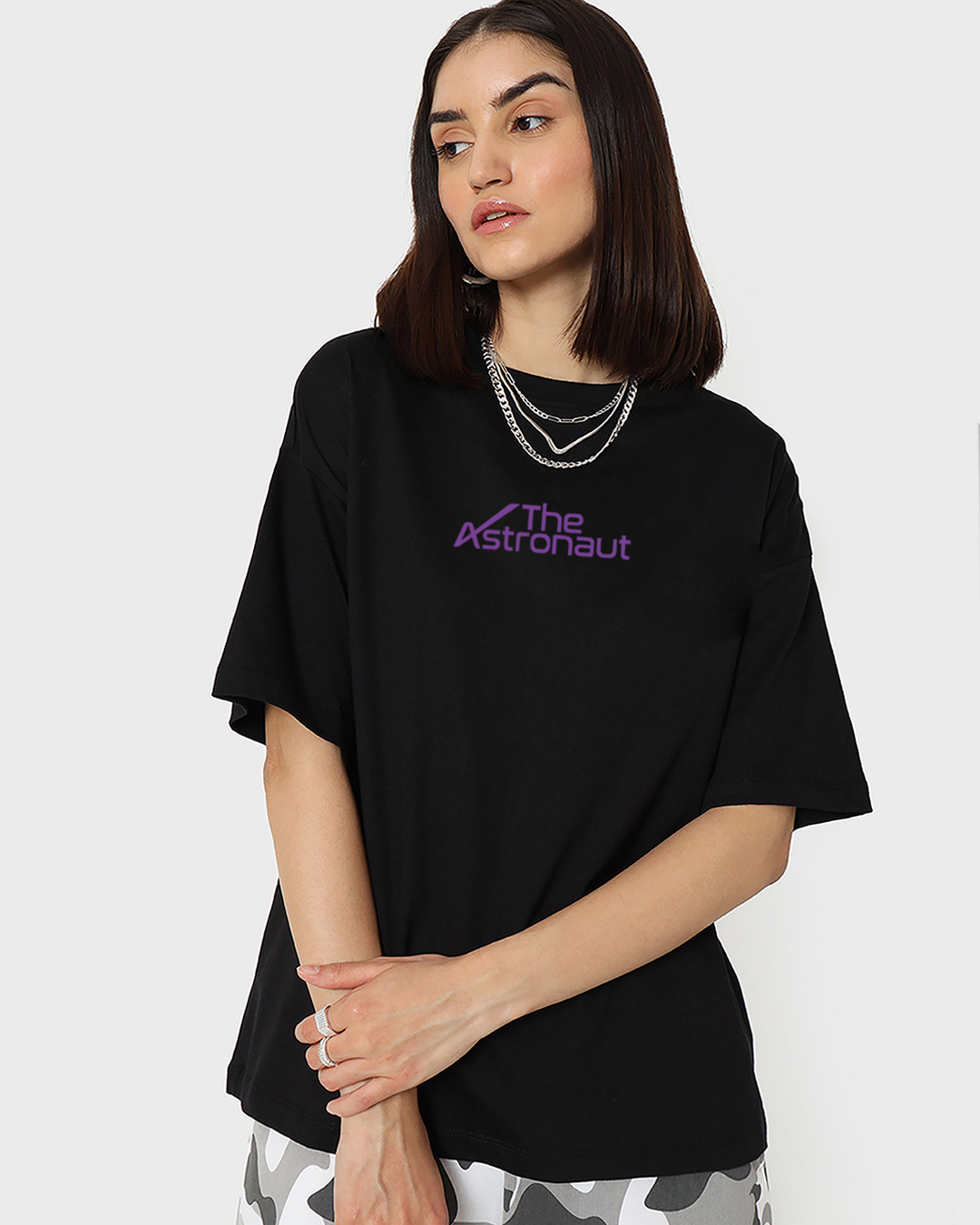 Shop Women's Black The Astronaut BTS Typography Oversized T-shirt-Back