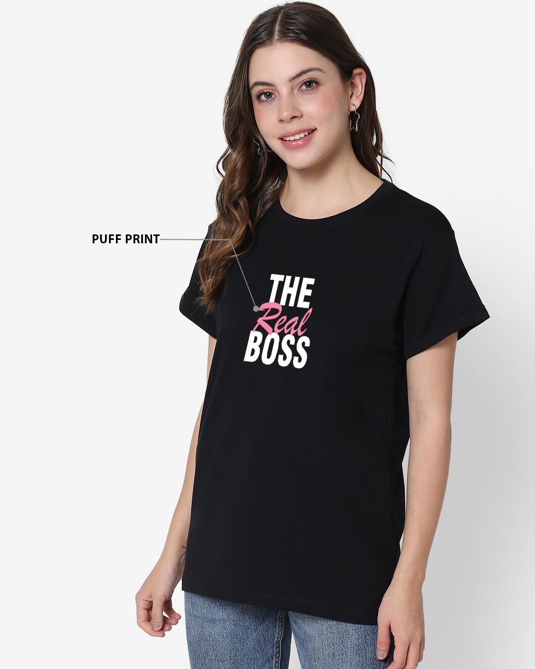 Shop Women's Black The Real Boss Typography Boyfriend T-shirt-Back