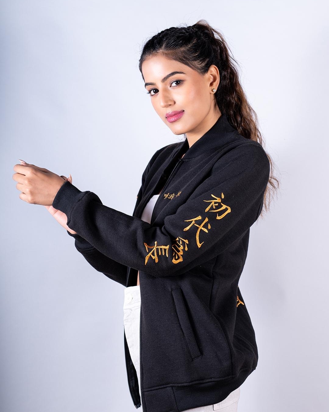 Shop Women's Black Tokyo Manji Anime Typography Velvet Bomber Jacket-Back