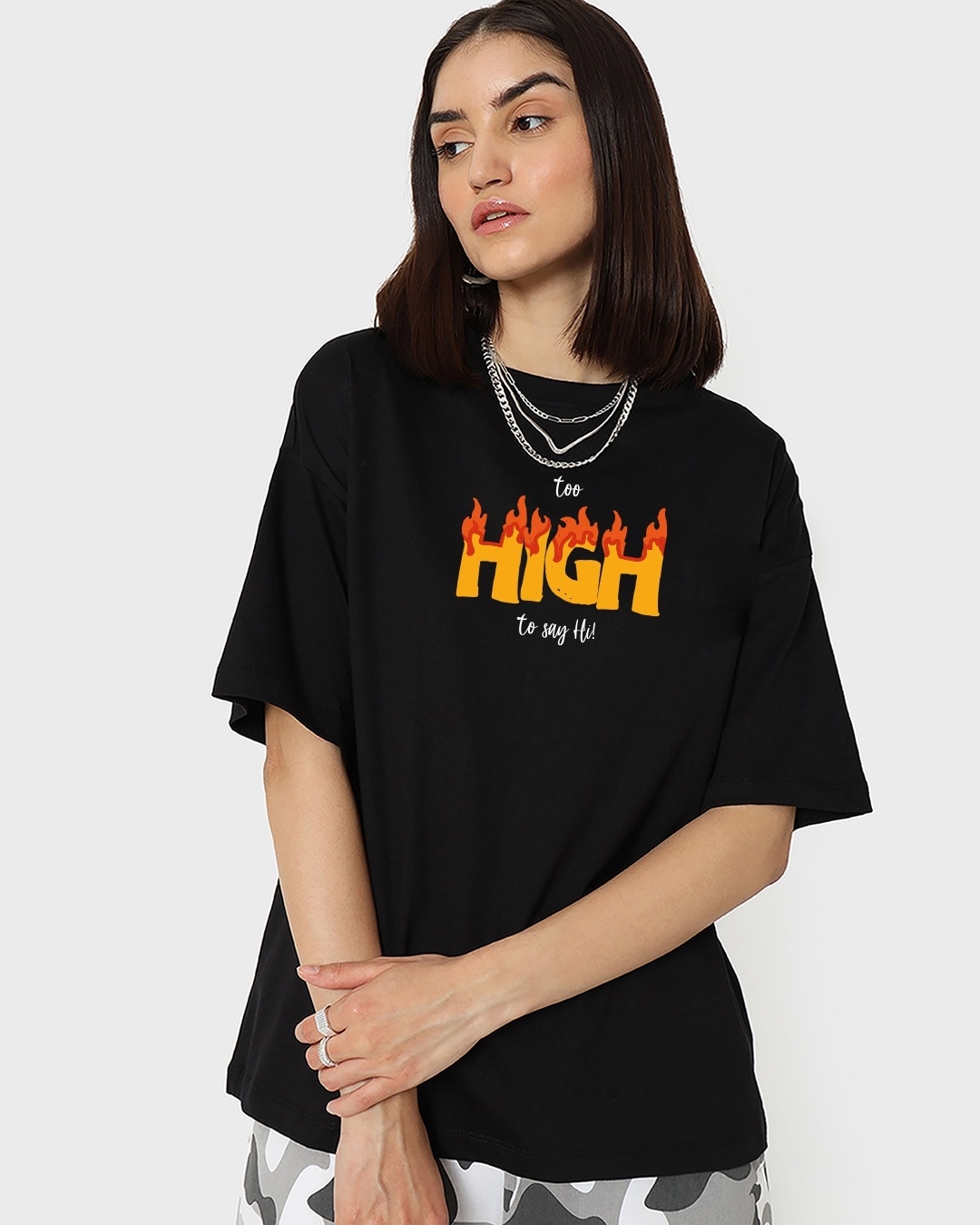 Shop Women's Black Too High Typography Oversized T-shirt-Back