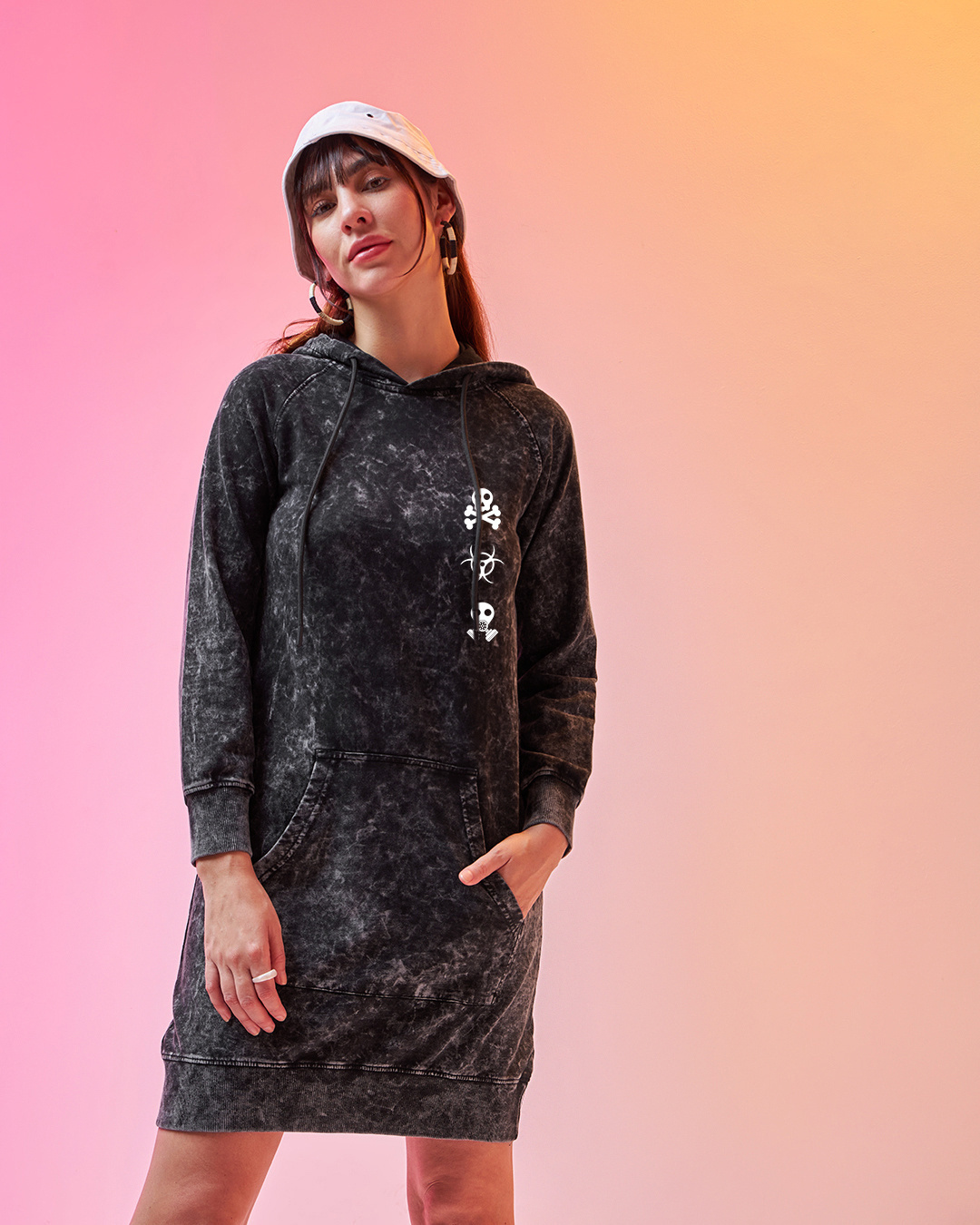 Shop Women's Black Toxic Graphic Printed Acid Wash Hoodie Dress-Back