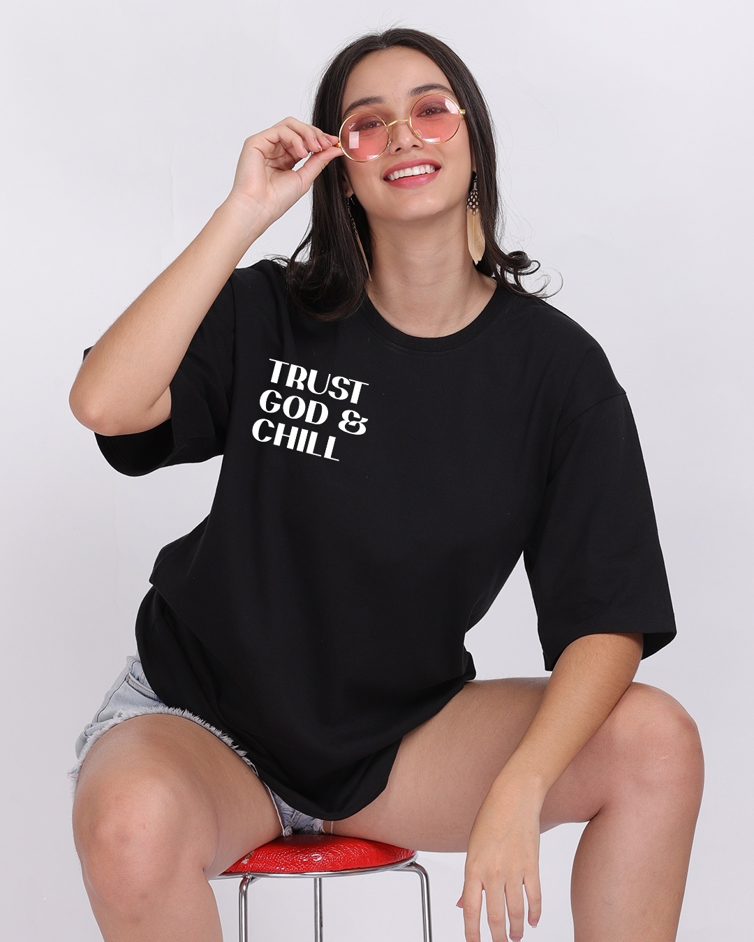 Shop Women's Black Trust God & Chill Typography Oversized T-shirt-Back