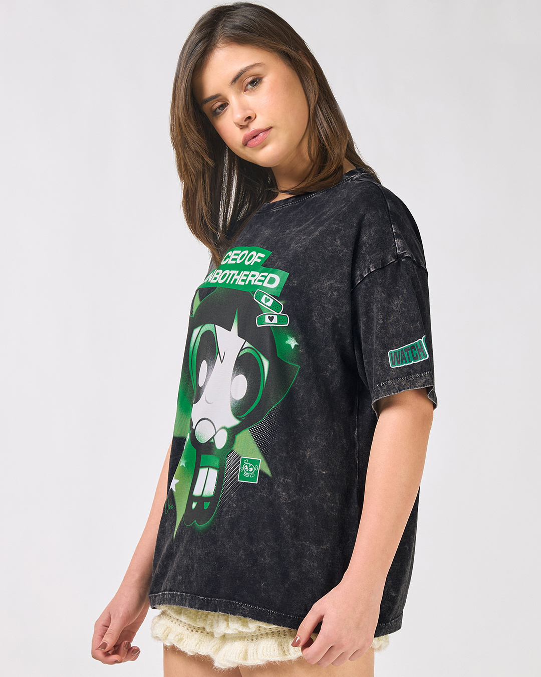 Shop Women's Black Unbothered Graphic Printed Oversized Acid Wash T-shirt-Back