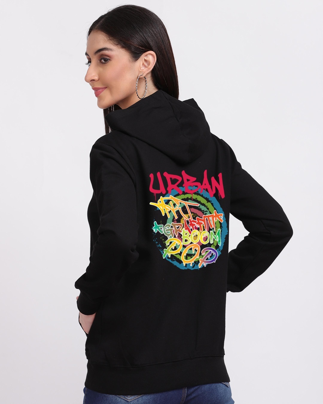 Shop Women's Black Urban Graphic Printed Hoodie-Back