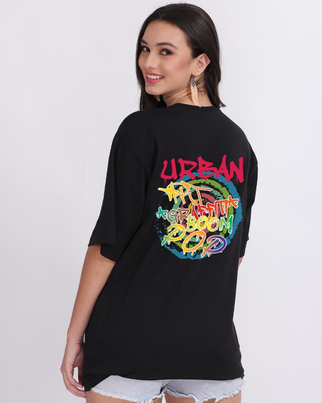 Shop Women's Black Urban Graphic Printed Oversized T-shirt-Back
