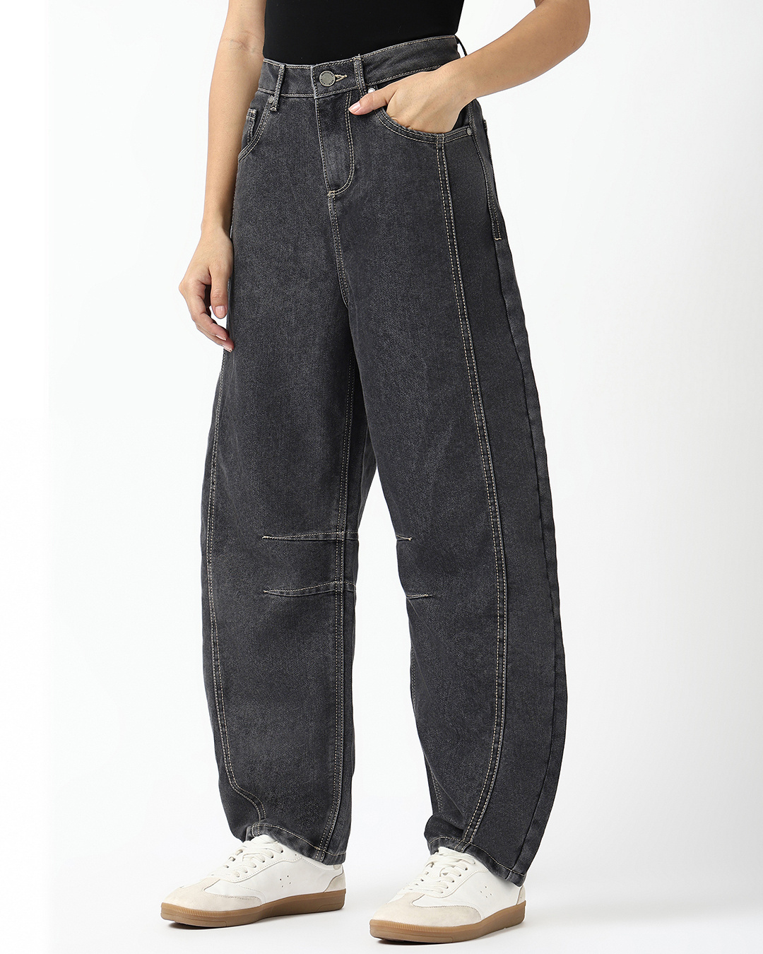 Shop Women's Black Washed Barrel Fit Jeans-Back