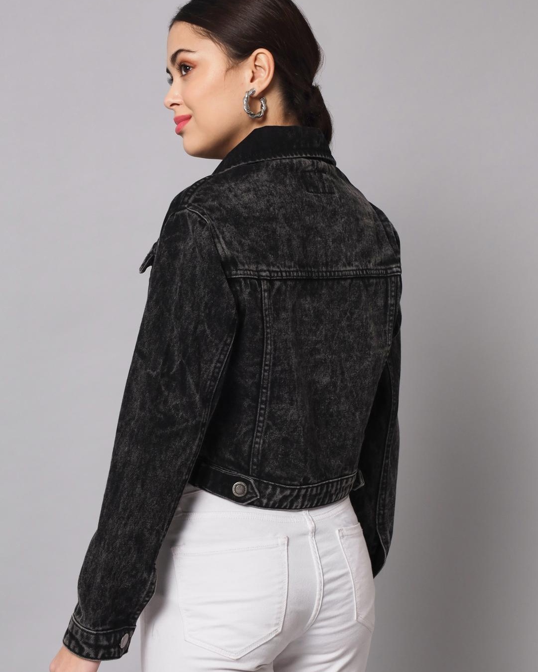 Shop Women's Black Washed Denim Jacket-Back