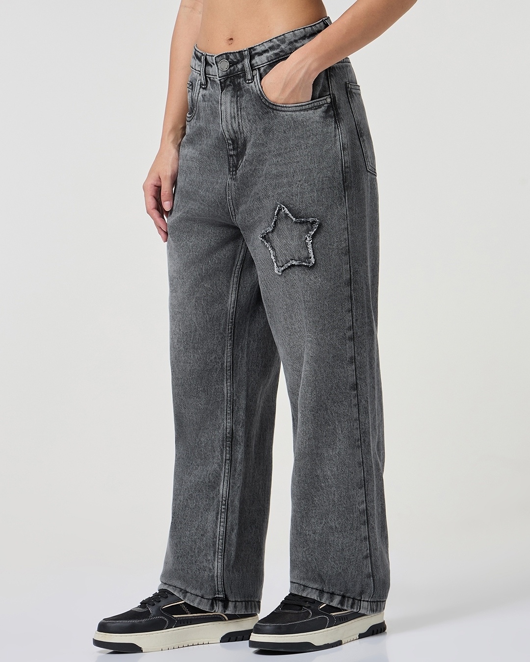 Shop Women's Black Washed Straight Fit Distressed Jeans-Back