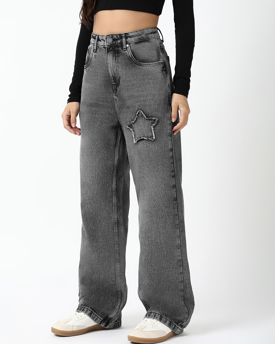 Shop Women's Black Washed Straight Fit Distressed Jeans-Back