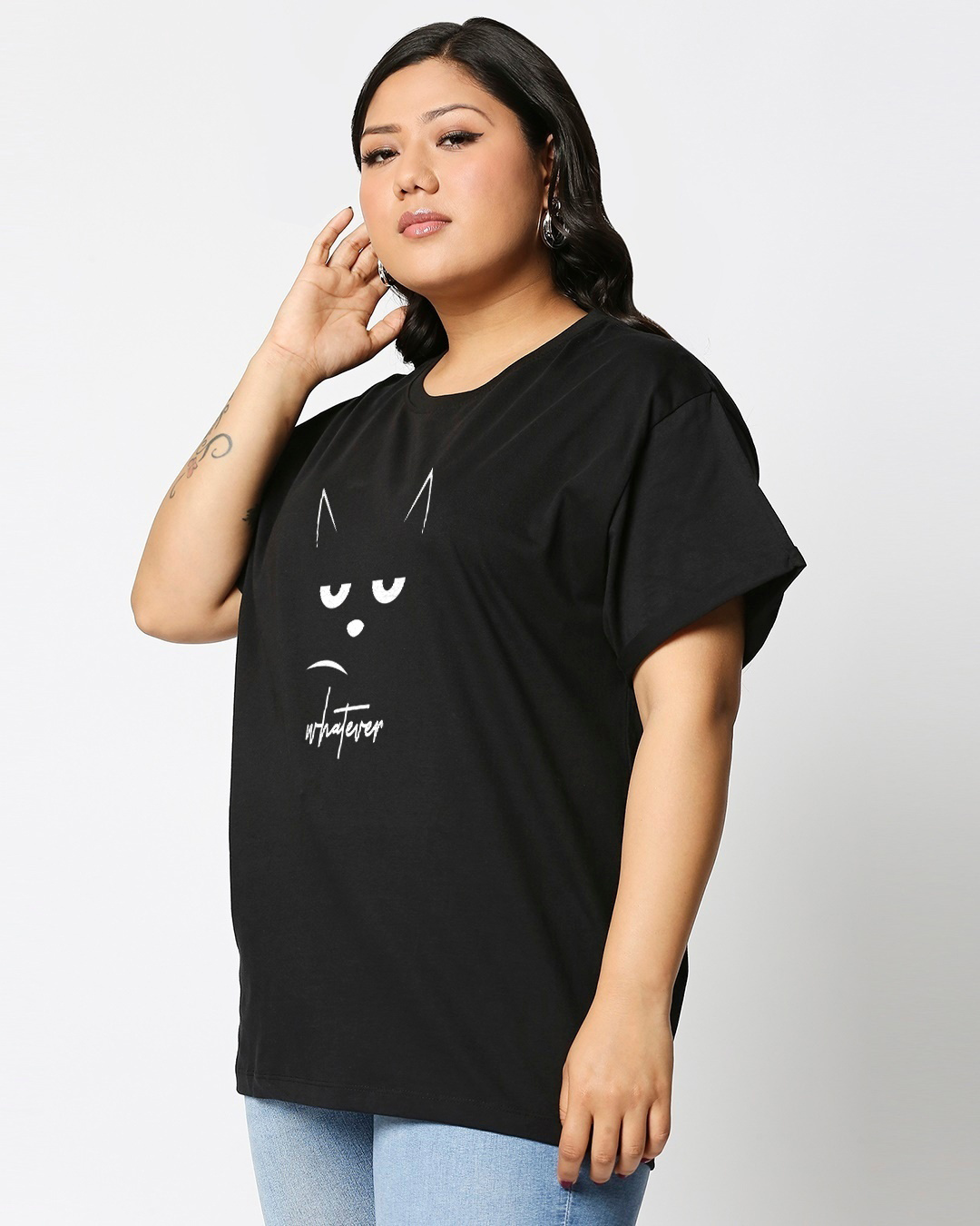 Shop Women's Black Whatever Cat Graphic Printed Plus Size Boyfriend T-shirt-Back