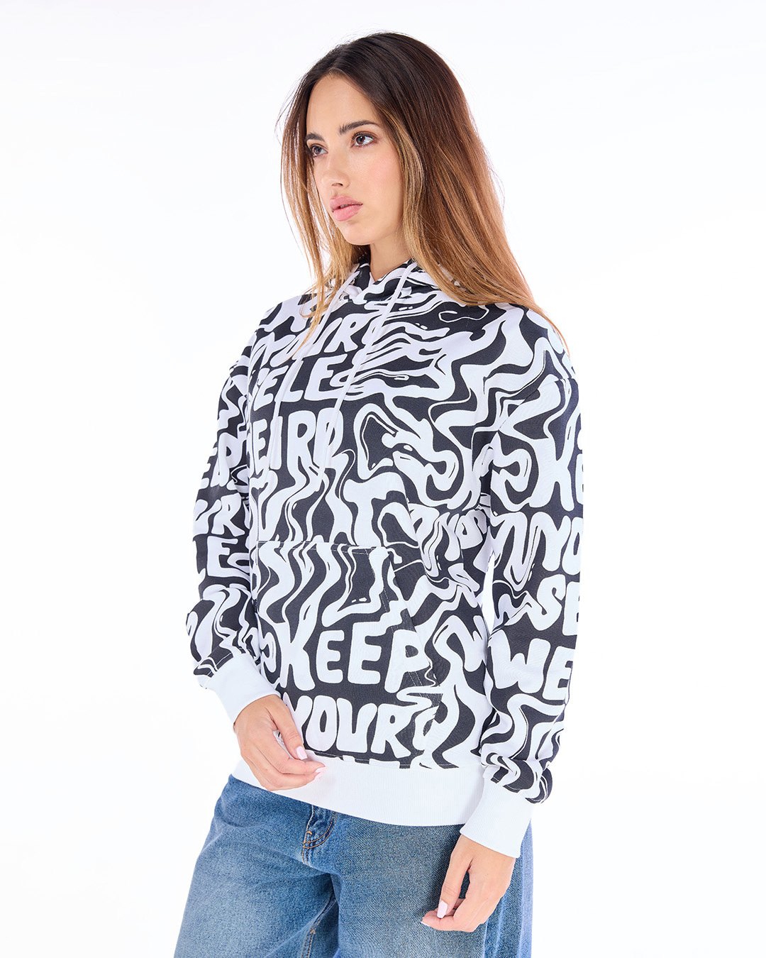 Shop Women's Black & White All Over Printed Oversized Hoodies-Back