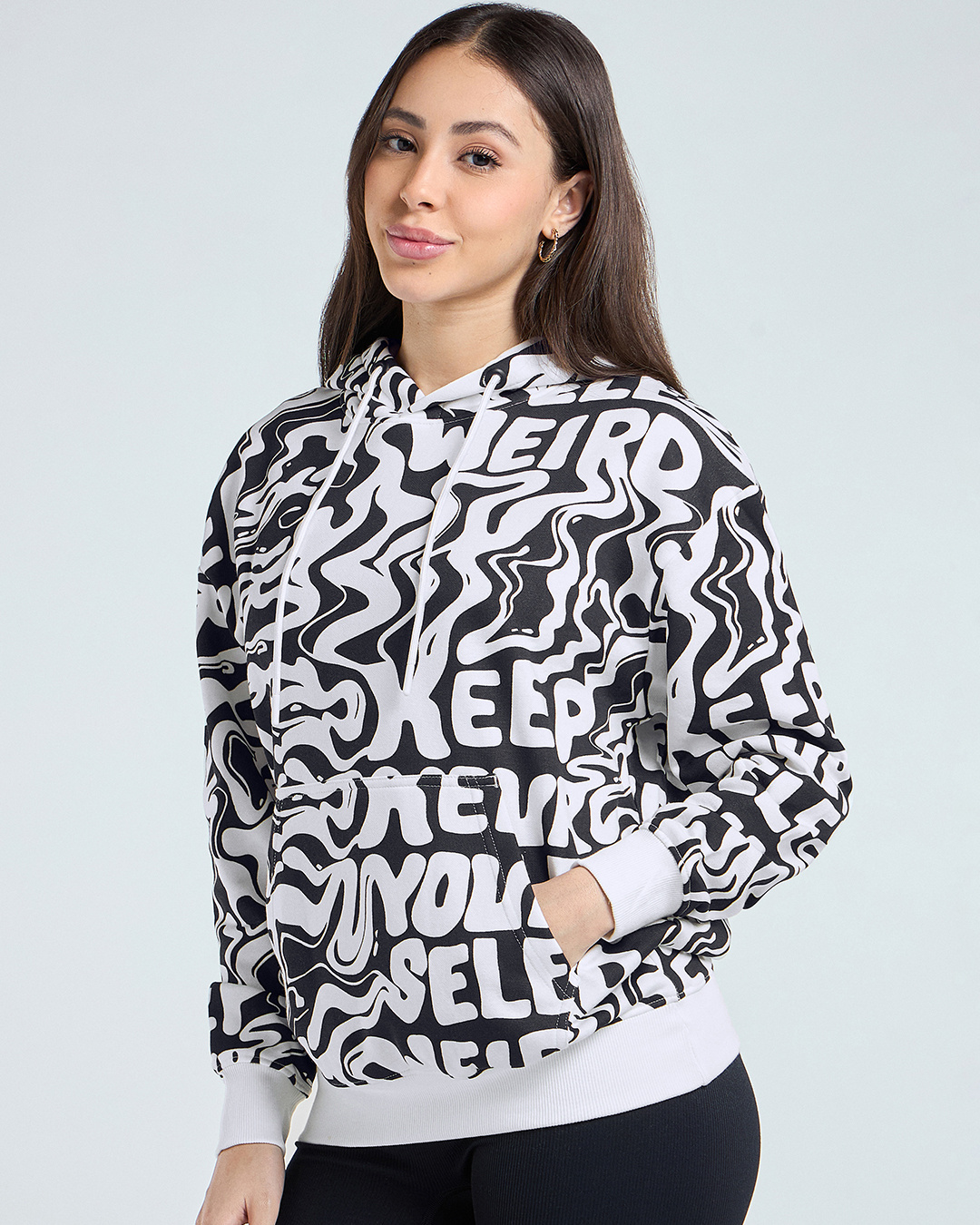 Shop Women's Black & White All Over Printed Oversized Hoodies-Back