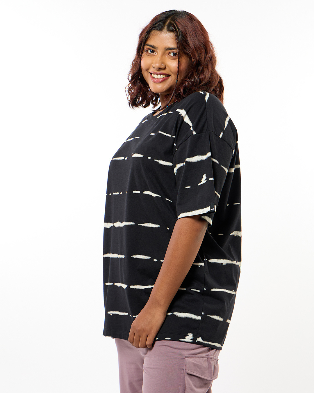 Shop Women's Black & White All Over Printed Oversized Plus Size T-shirt-Back