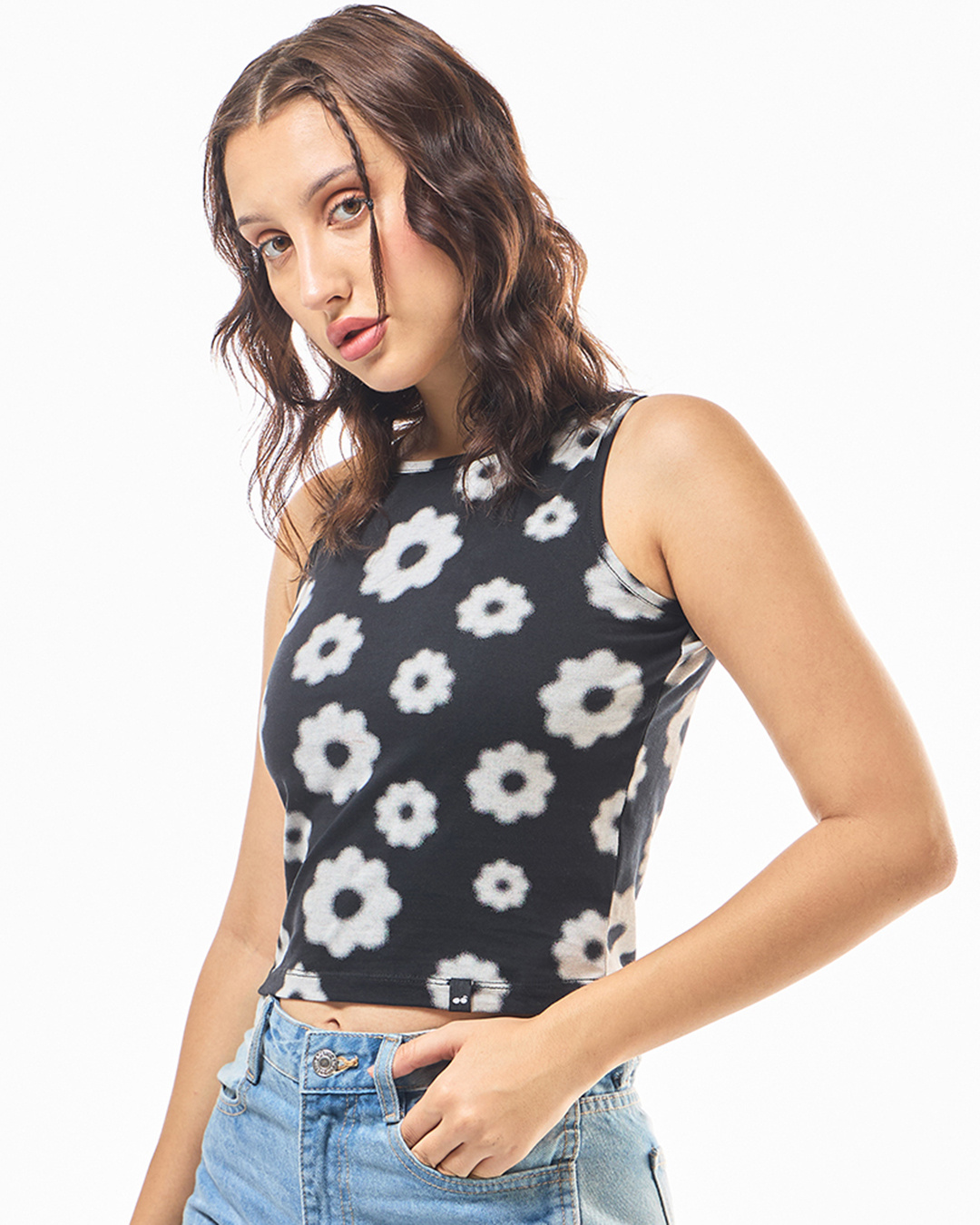 Shop Women's Black & White All Over Printed Oversized Short Top-Back