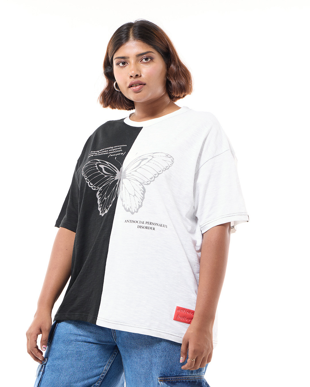 Shop Women's Black & White Anti Social Butterfly Graphic Printed Oversized Plus Size T-shirt-Back