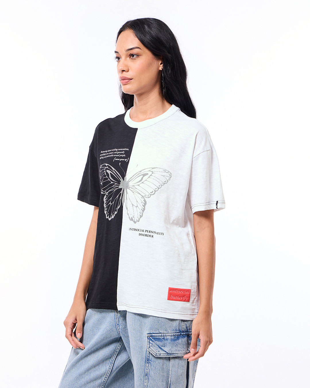 Shop Women's Black & White Anti Social Butterfly Graphic Printed Oversized T-shirt-Back