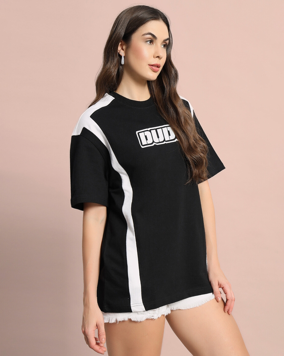 Shop Women's Black & White Color Block Oversized T-shirt-Back
