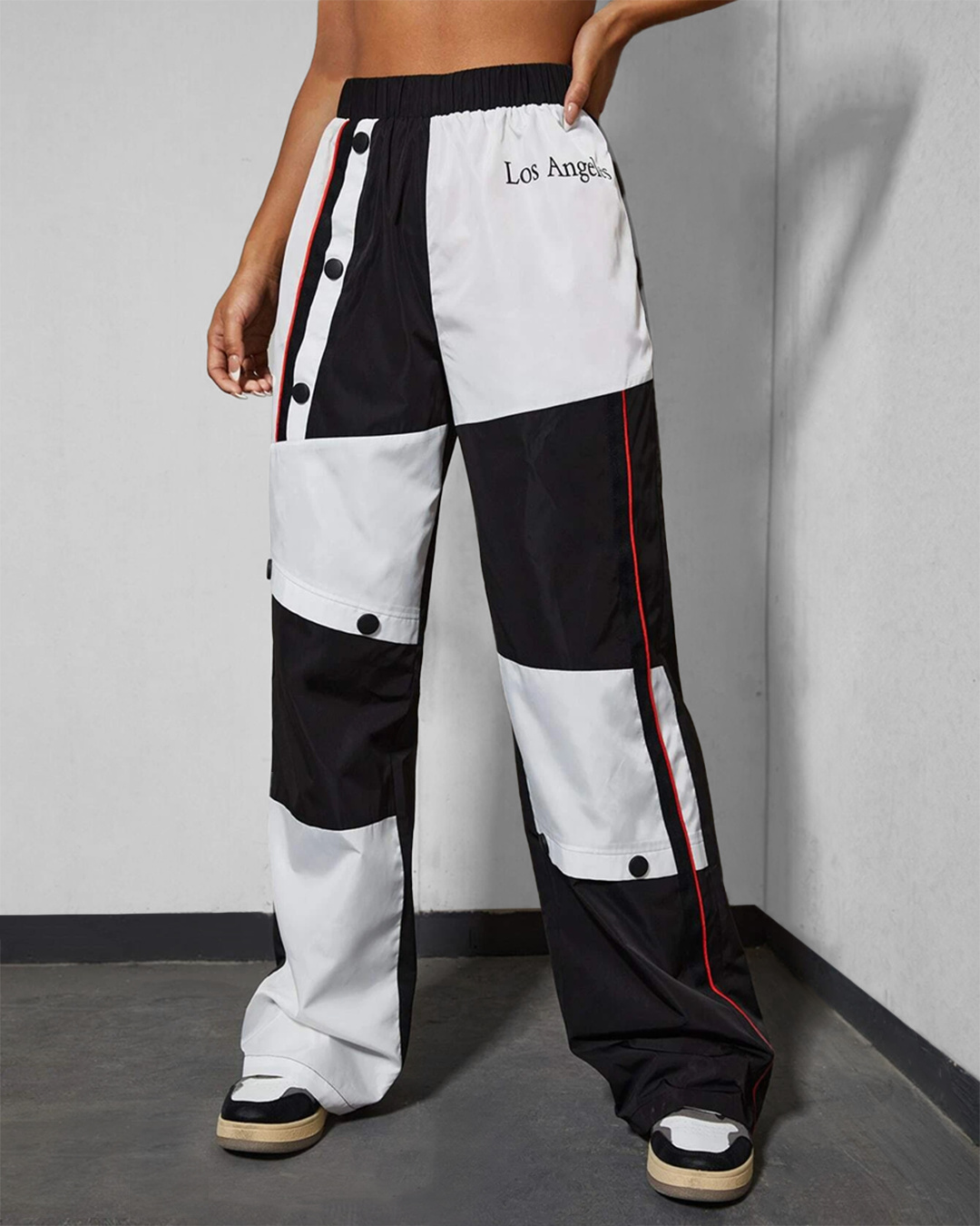 Shop Women's Black & White Color Block Oversized Wide Leg Korean Pants-Back