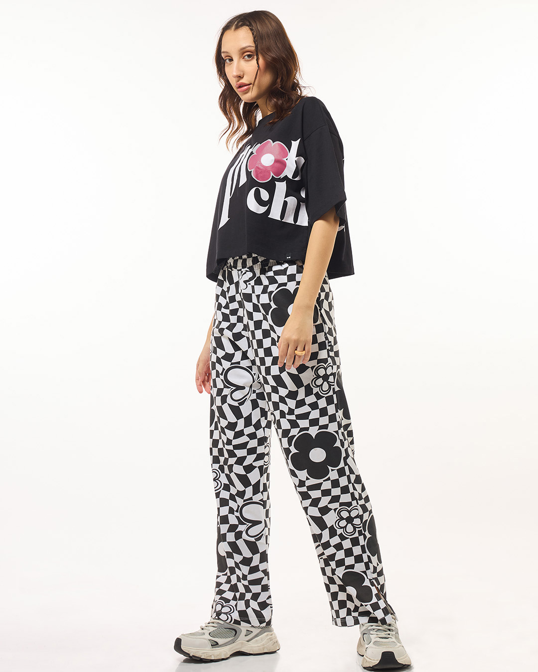 Shop Women's Black & White Problem Child Graphic Printed Oversized Co-ordinates-Back