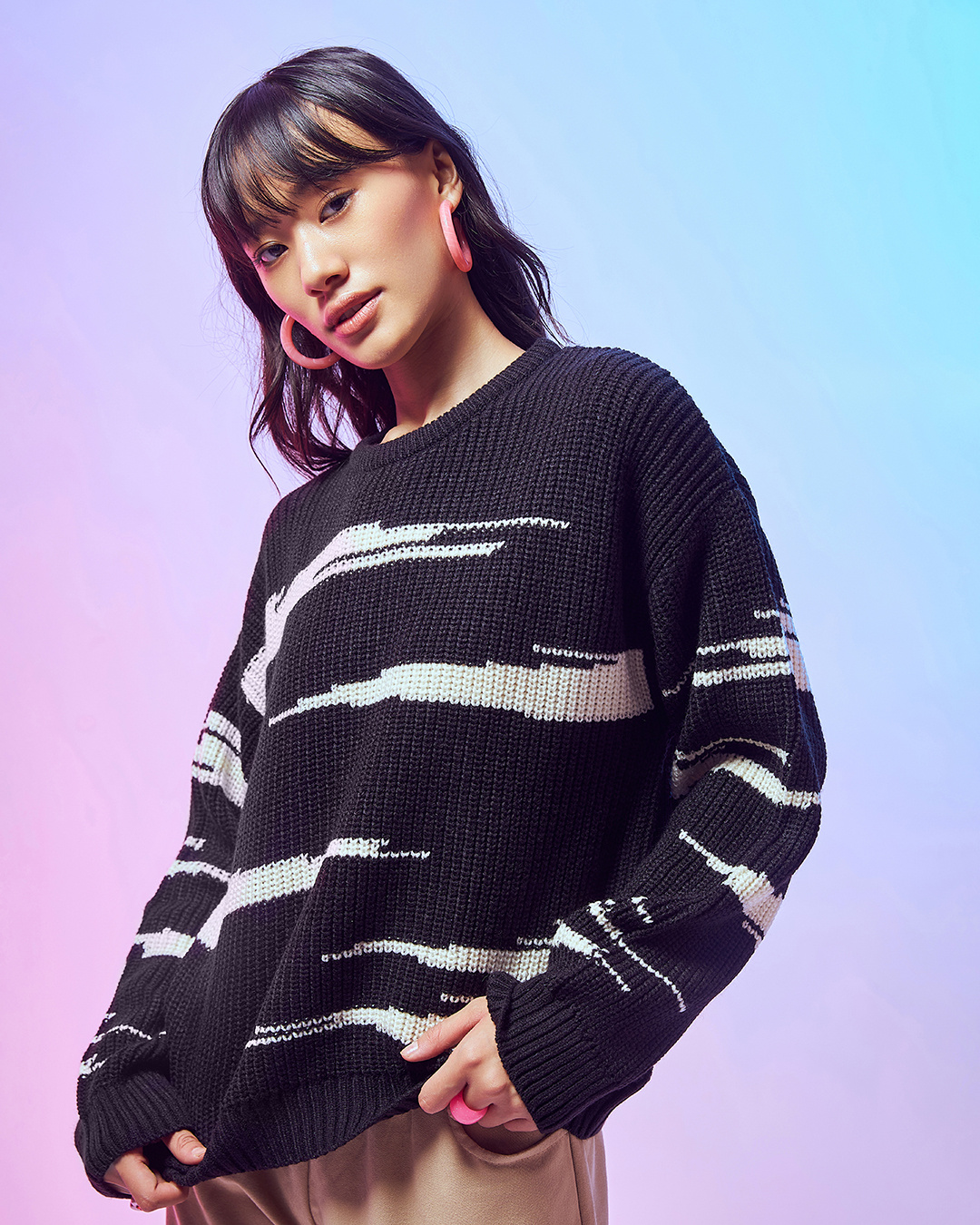 Shop Women's Black & White Oversized Sweater-Back