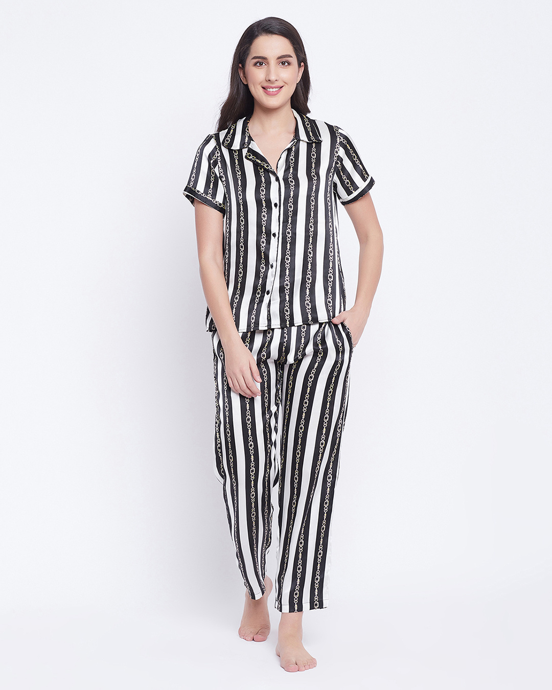 Buy Women's Black & White Striped Satin Nightsuit Online in India at ...