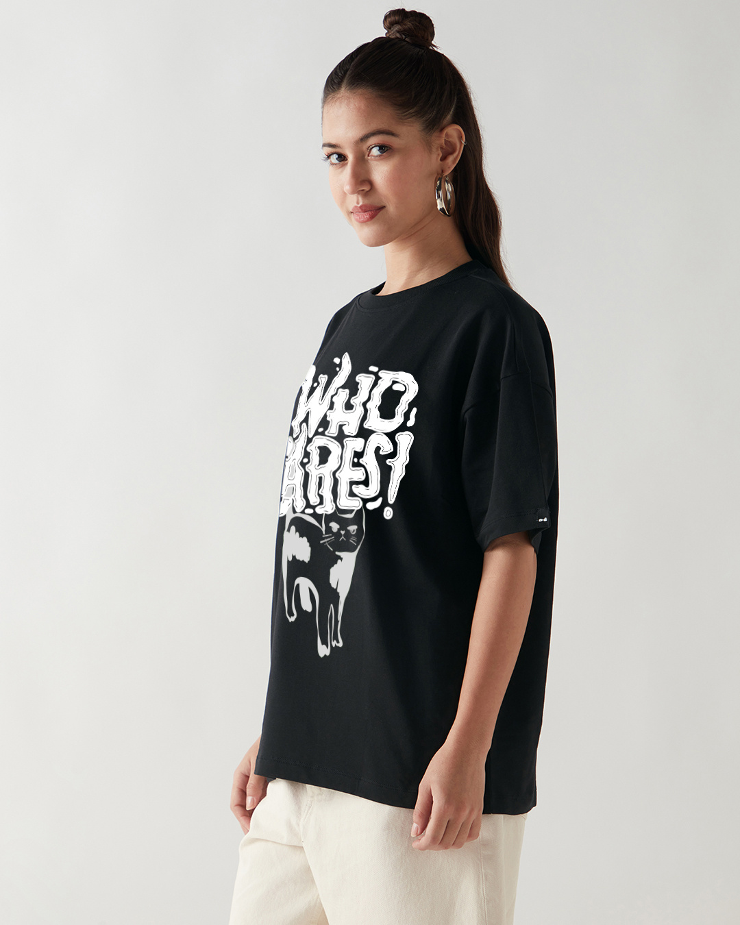 Shop Women's Black Who Cares Graphic Printed Oversized T-shirt-Back
