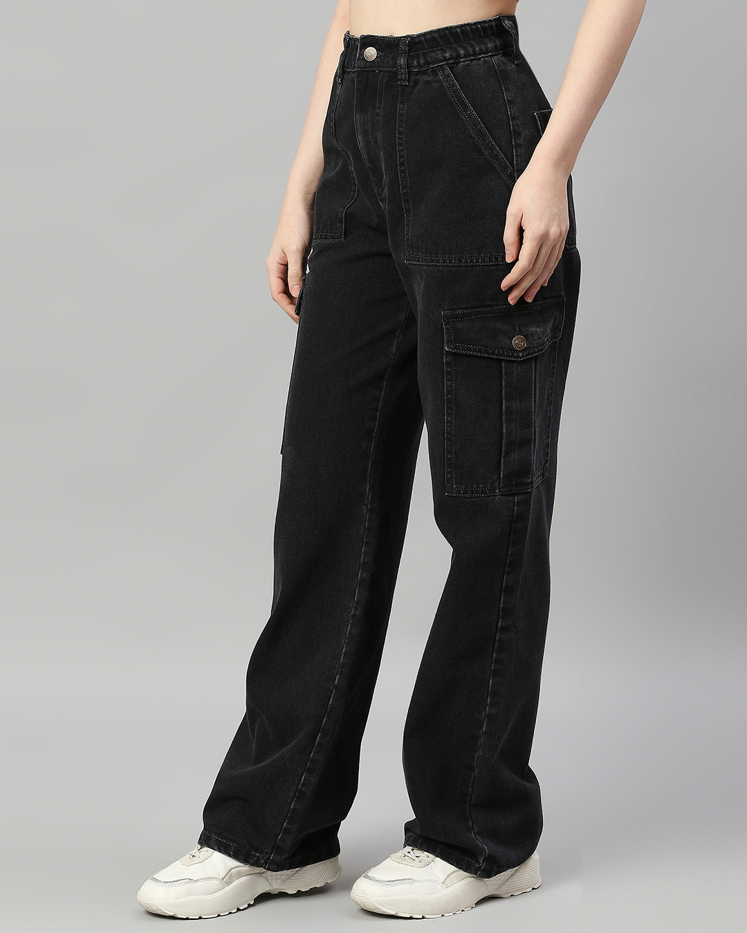 Shop Women's Black Wide Leg Cargo Jeans-Back