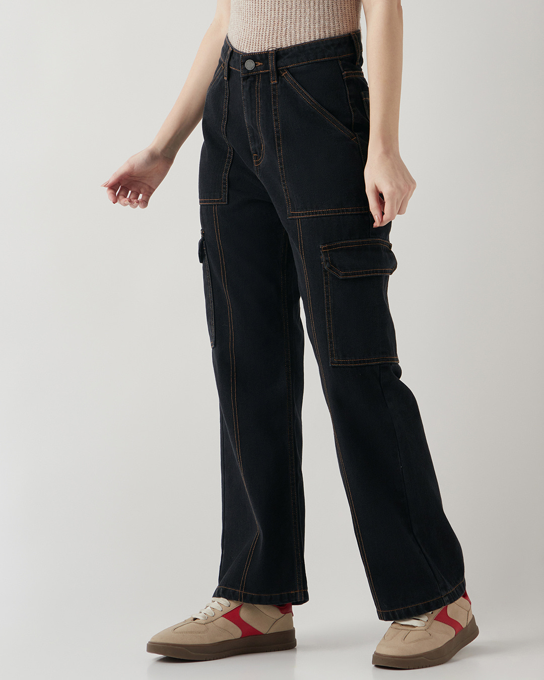 Shop Women's Black Wide Leg Cargo Jeans-Back