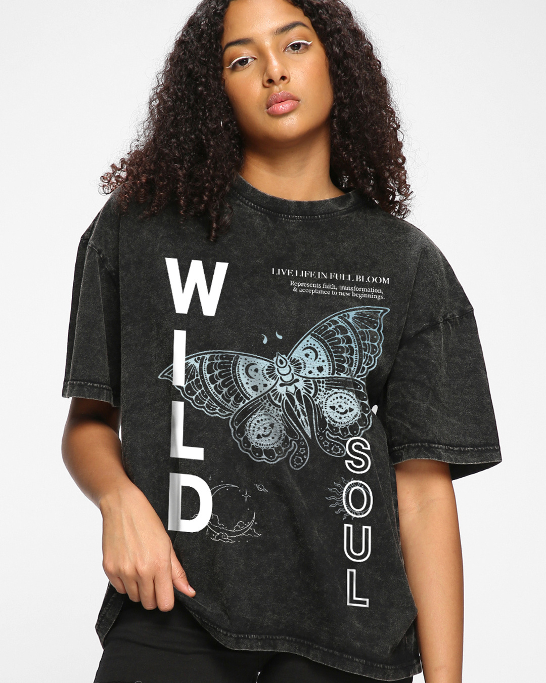 Buy Women's Black Wild Soul Graphic Printed Oversized Acid Wash T-shirt ...