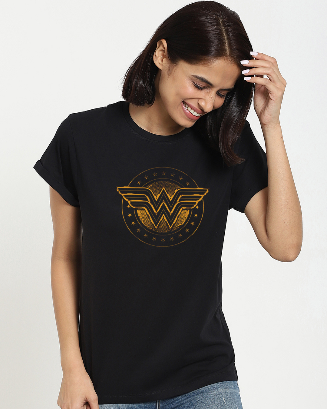 Buy Women's Black Wonder Woman Gold Plated Logo (DCL) Graphic Printed ...