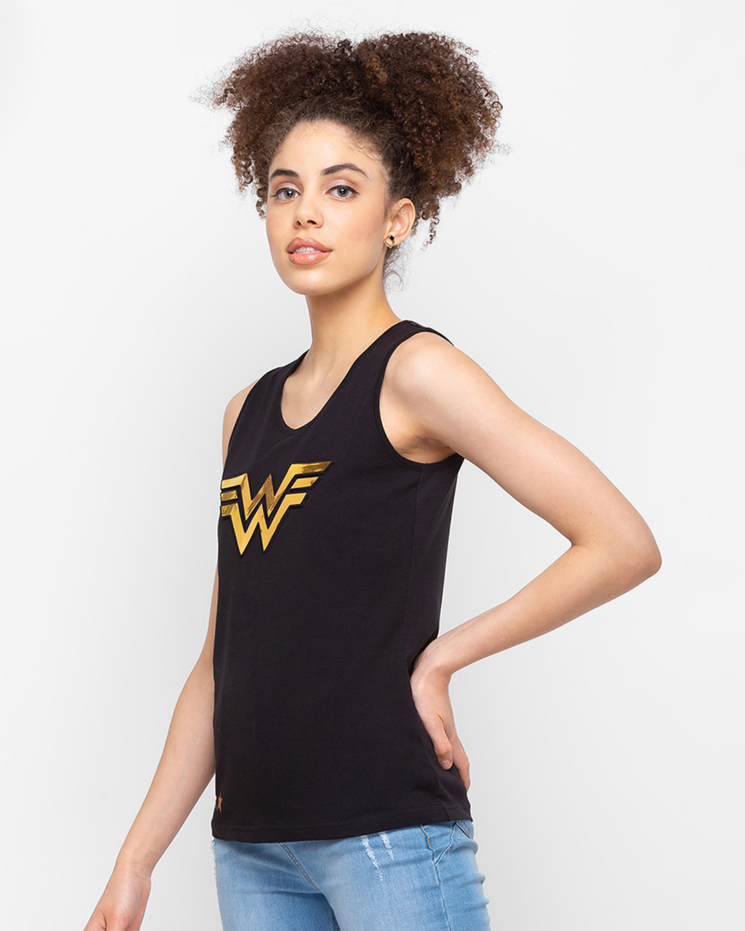 Shop Women's Black Wonder Women Logo Gold Foil Printed Tank Top-Back