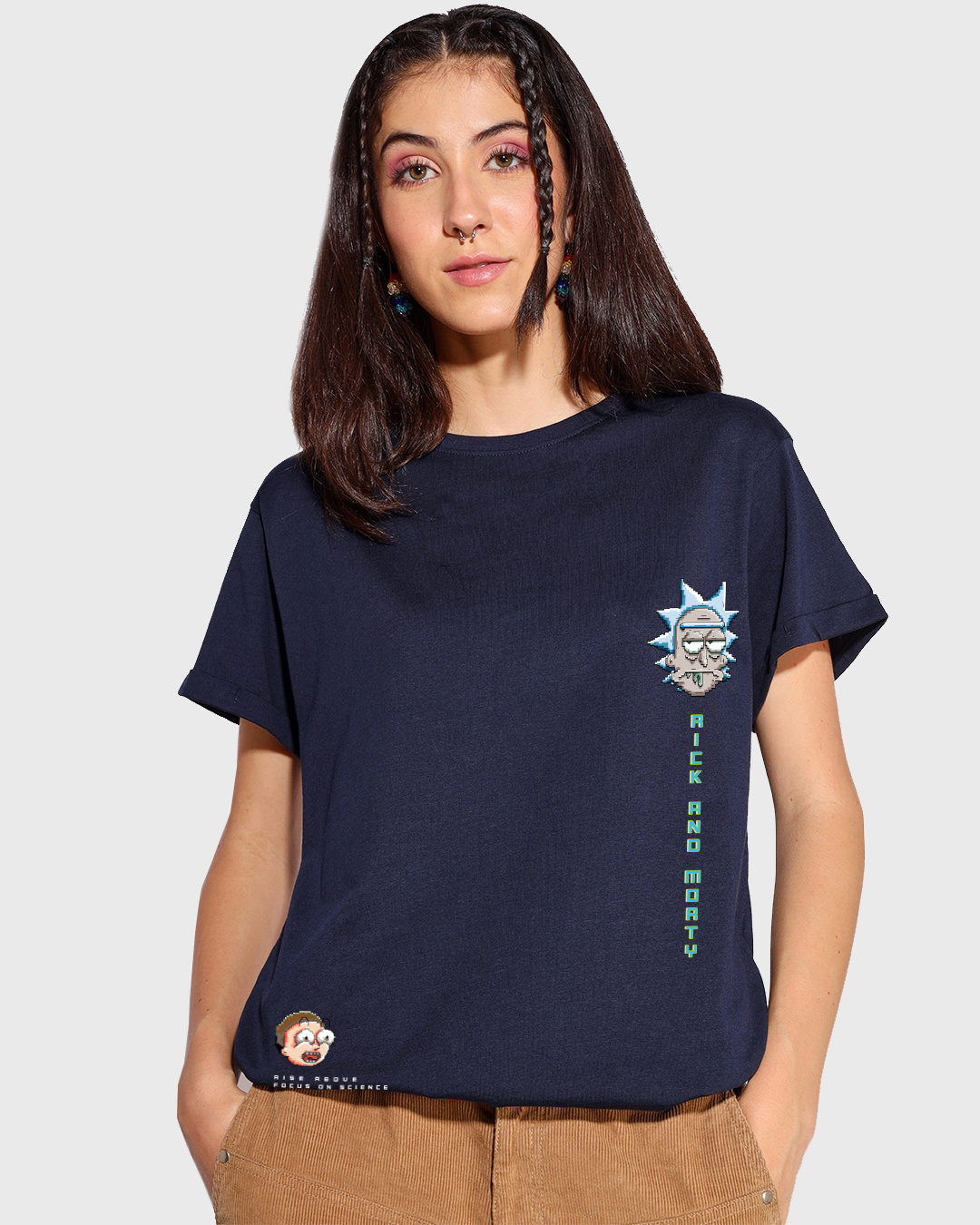Shop Women's Blue 8 Bit Rick And Morty Graphic Printed Boyfriend T-shirt-Back