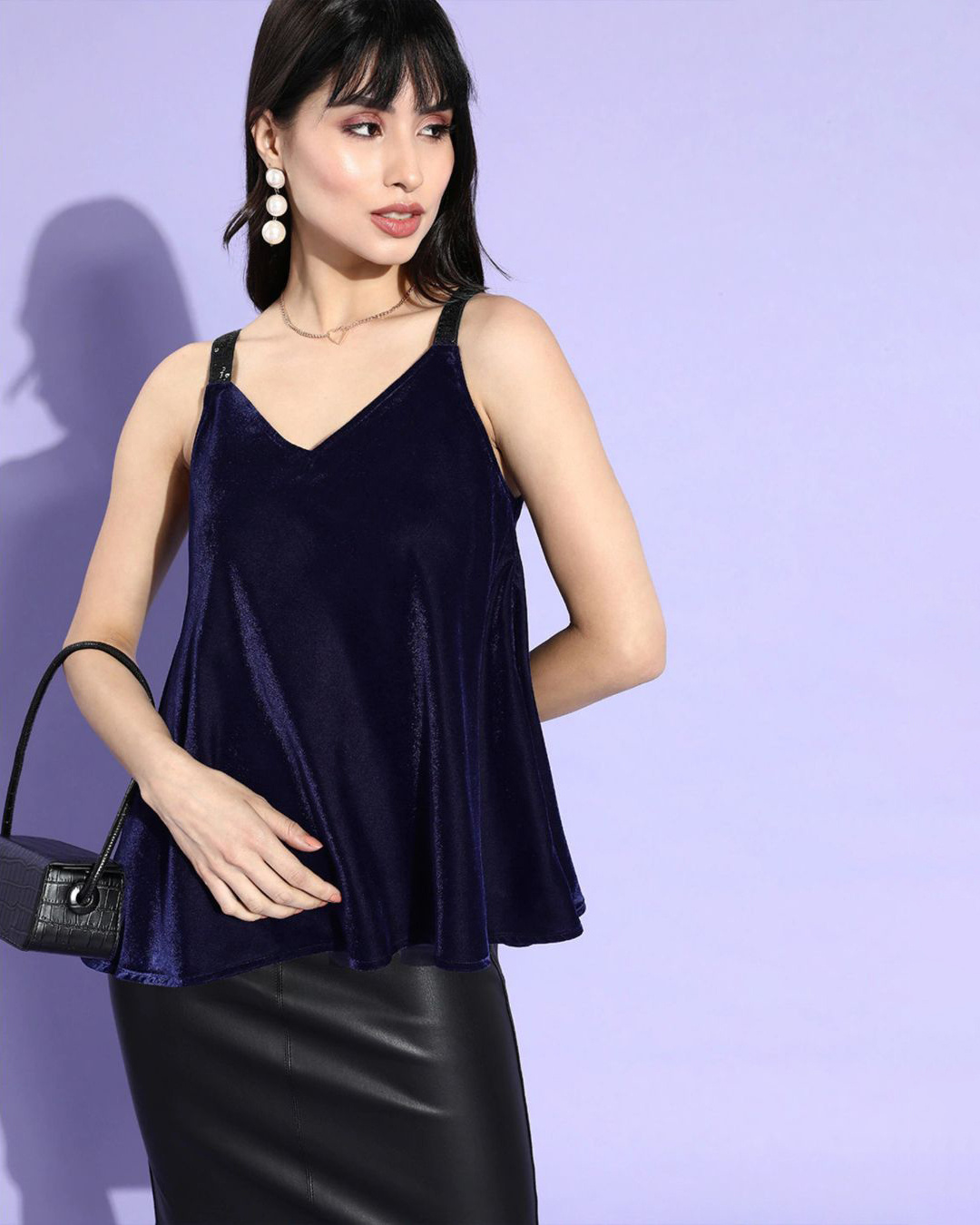 Women Blue A-Line Solid High Neck Top