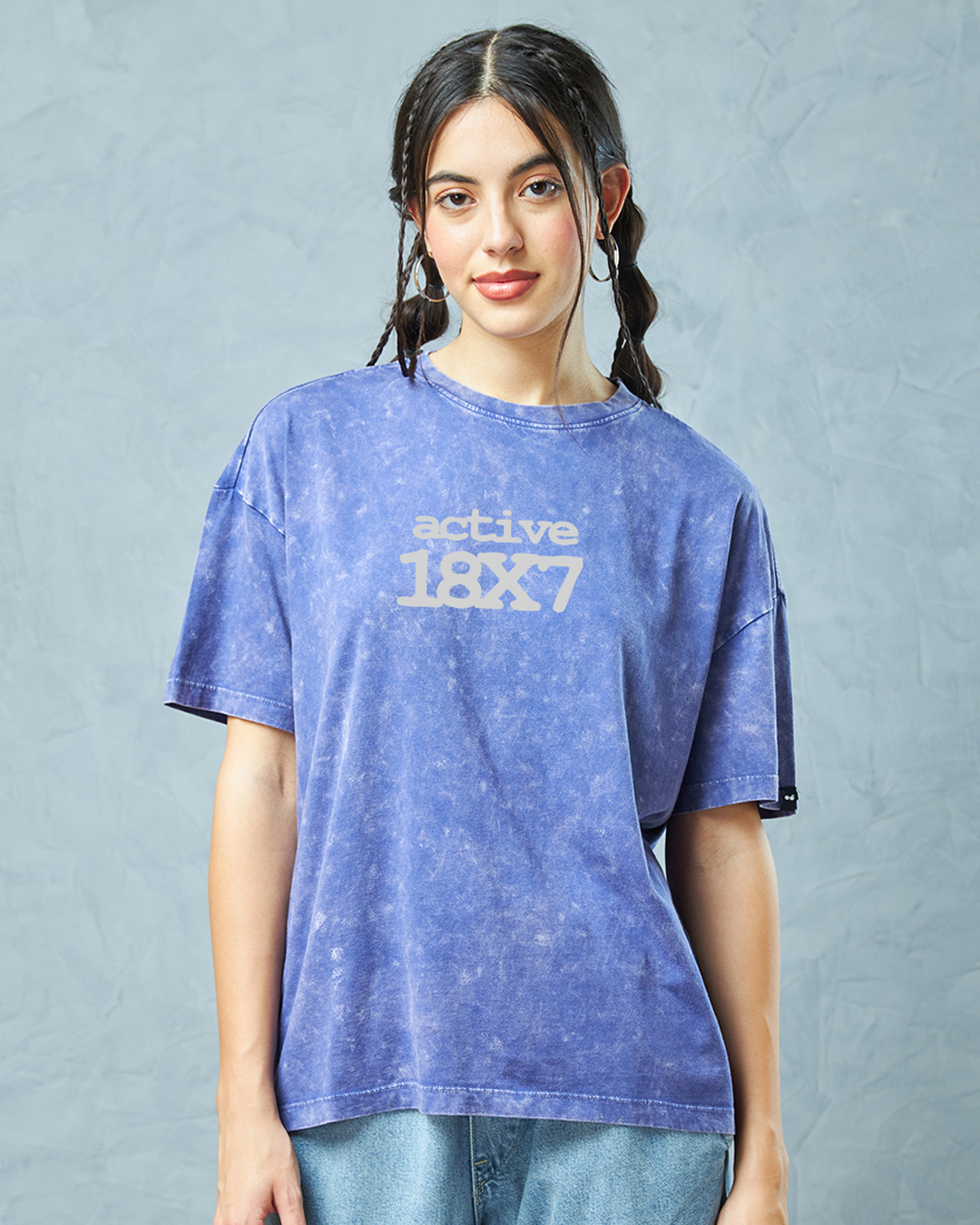 Shop Women's Blue Active Typography Oversized Acid Wash T-shirt-Back