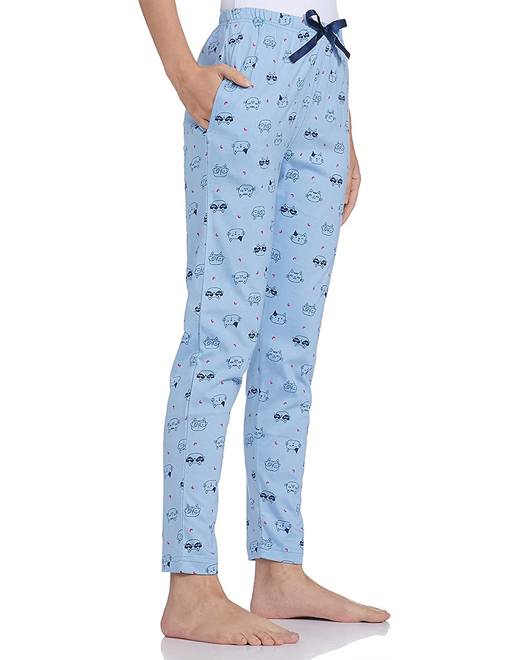 Shop Women's Blue All Over Cat Printed Cotton Pyjamas-Back