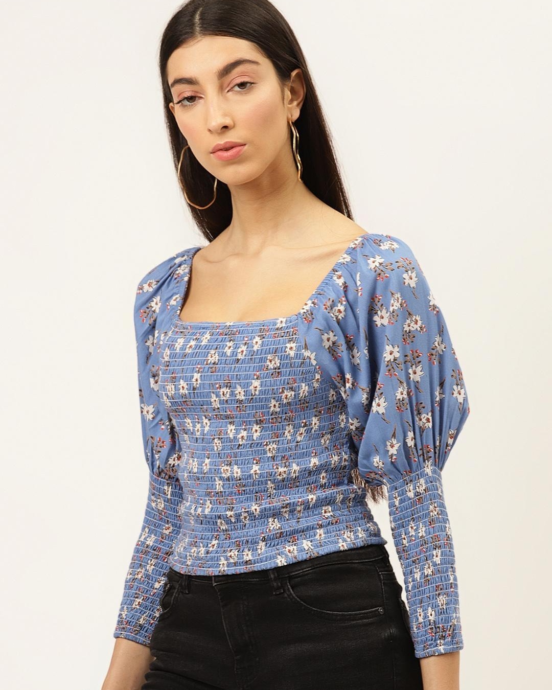 Shop Women's Blue All Over Floral Printed Slim Fit Crop Top-Back