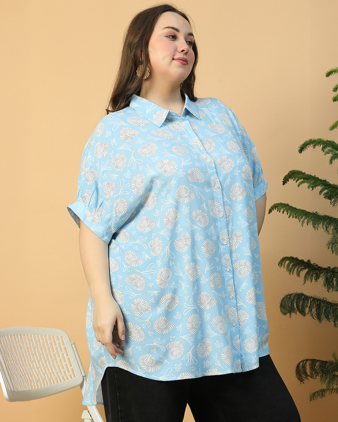 Shop Women's Blue All Over Printed Boxy Fit Plus Size Tunic Shirt-Back