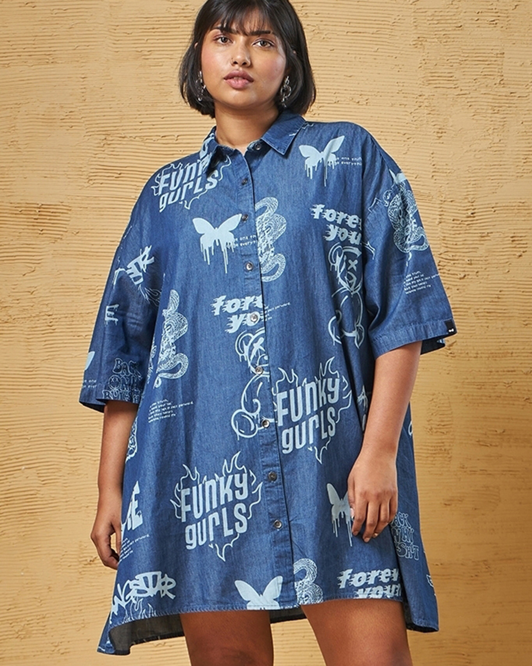 Buy Women's Blue All Over Printed Oversized Plus Size Shirt Dress ...