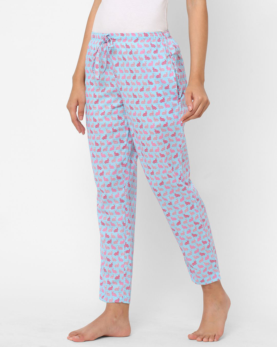 Shop Women's Blue All Over Rabbit Printed Cotton Lounge Pants-Back