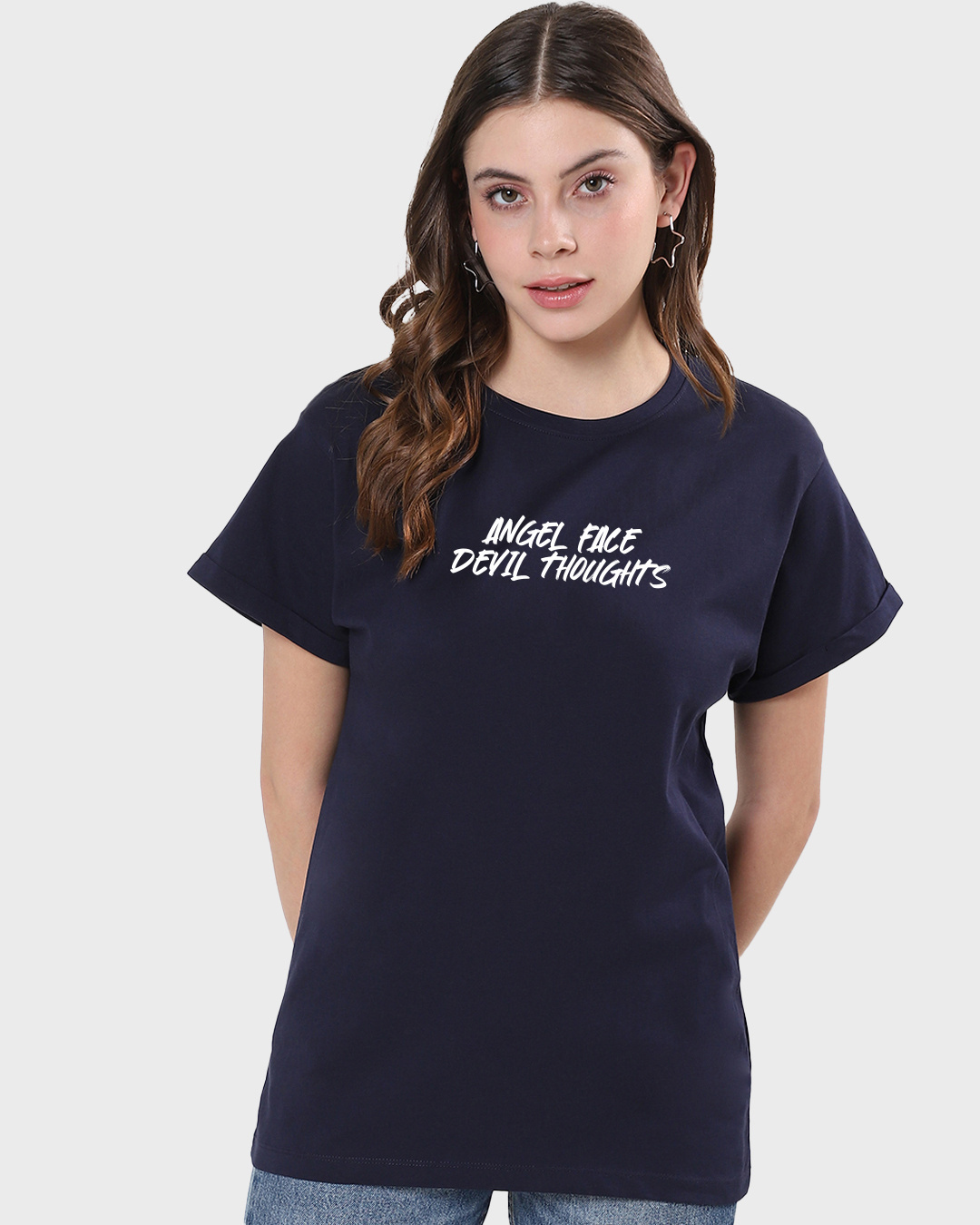 Shop Women's Blue Angel Face Devil Thoughts Graphic Printed Boyfriend T-shirt-Back
