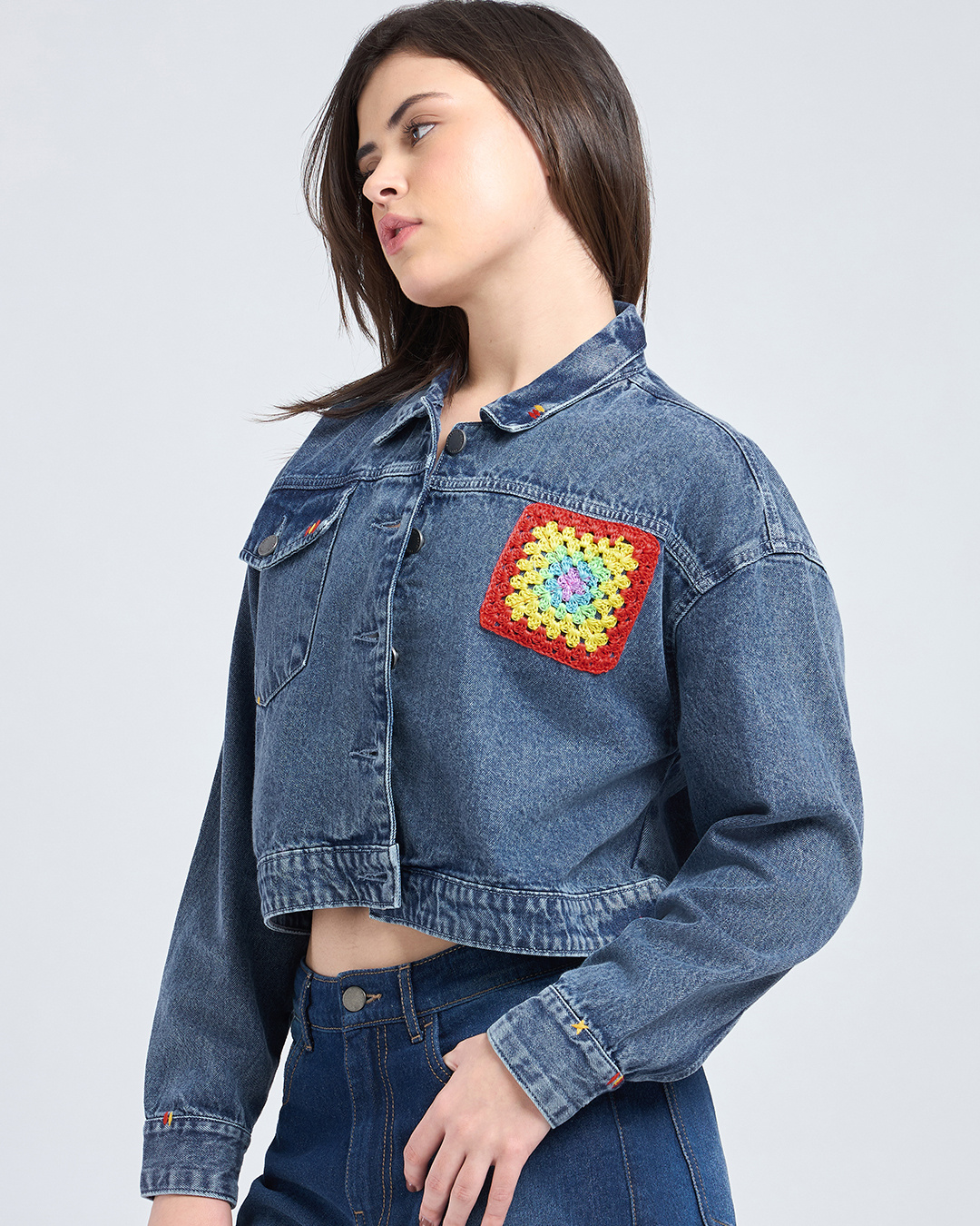 Shop Women's Blue Embroidered Oversized Washed Cropped Denim Jacket-Back