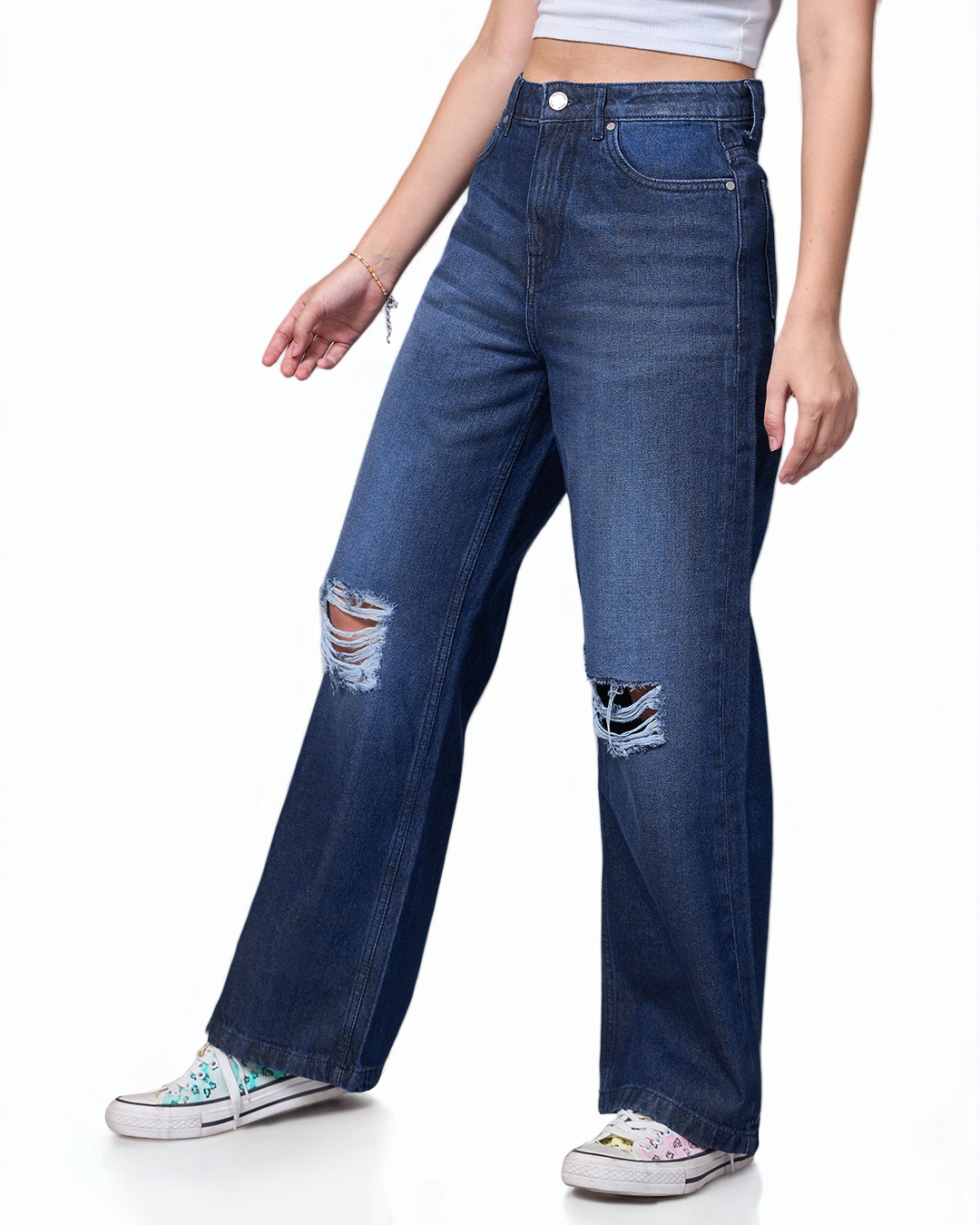 Shop Women's Blue Baggy Distressed Jeans-Back