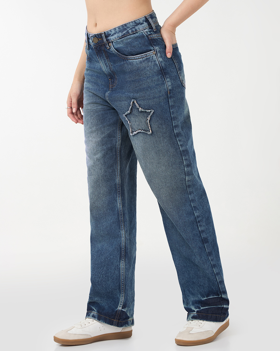 Shop Women's Blue Washed Straight Fit Distressed Jeans-Back