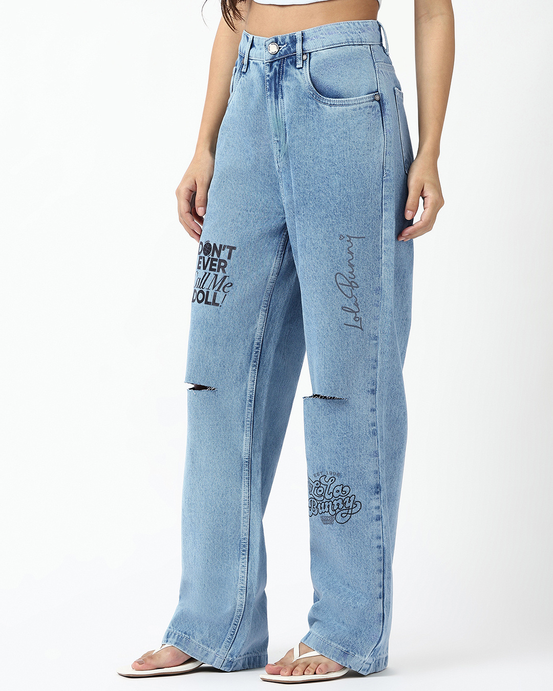 Shop Women's Light Blue Washed Straight Fit Distressed Jeans-Back