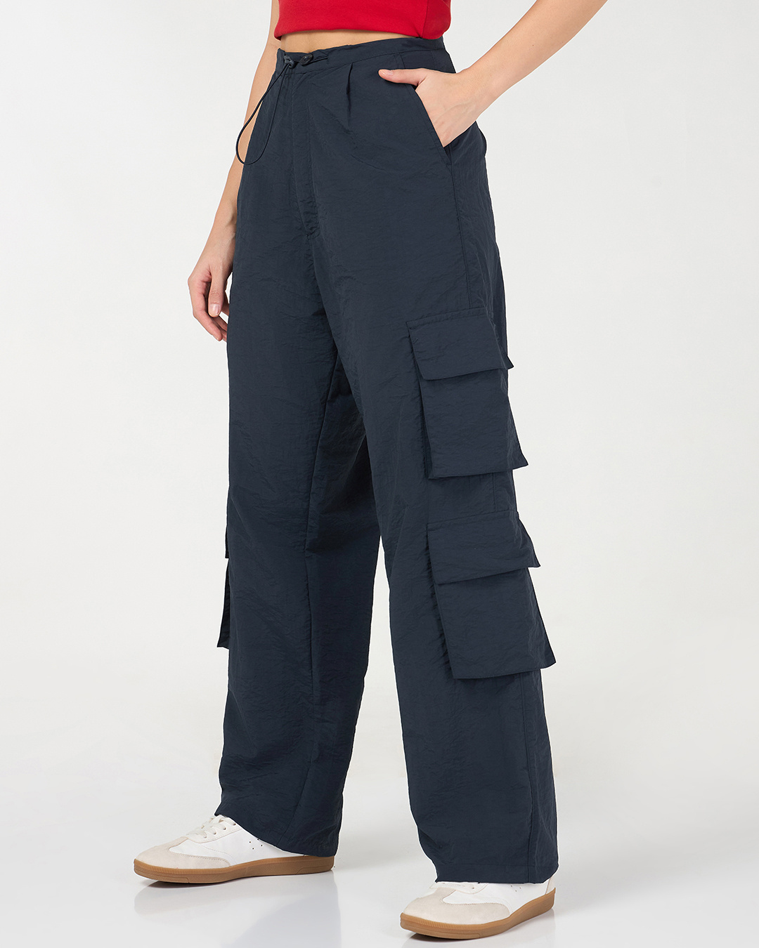 Shop Women's Blue Baggy Oversized Cargo Parachute Pants-Back