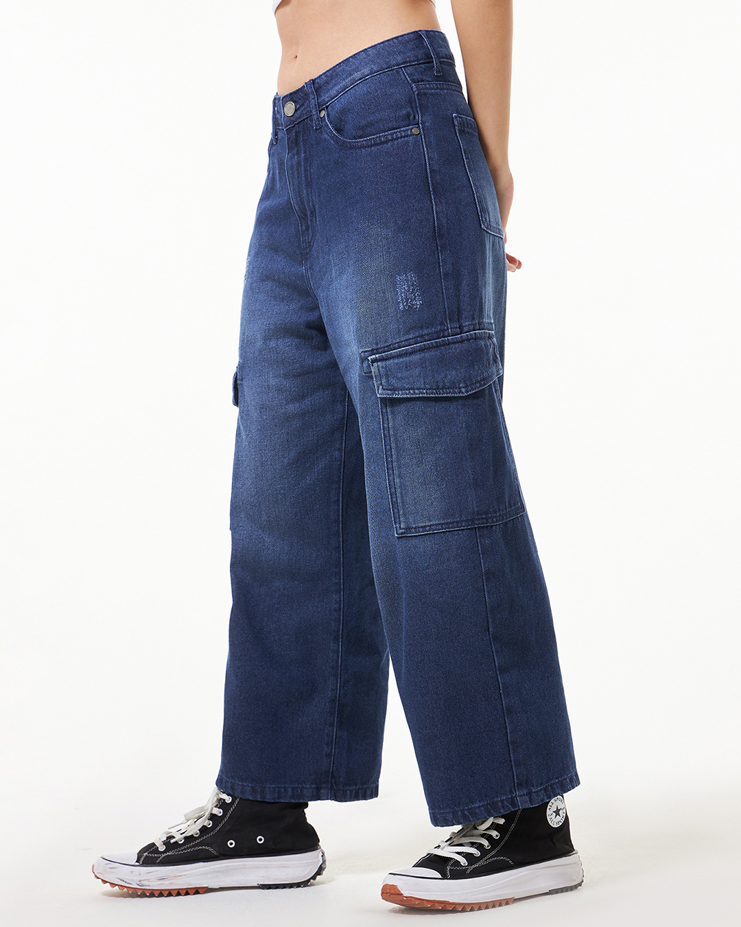 Shop Women's Blue Baggy Straight Fit Cargo Jeans-Back